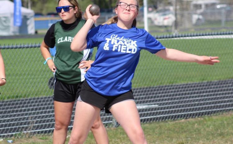 Gladwin’s Jade Sheltraw uses all her strength to launch the shot forward. PHOTO PROVIDED BY MELISSA ROBINSON