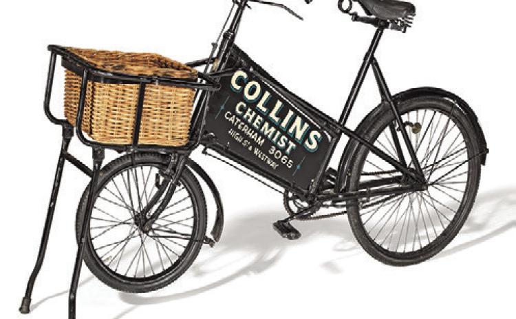 Home grocery delivery predates online ordering and smartphone apps. Midcentury delivery bicycles like this one prove it. KOVELS.COM