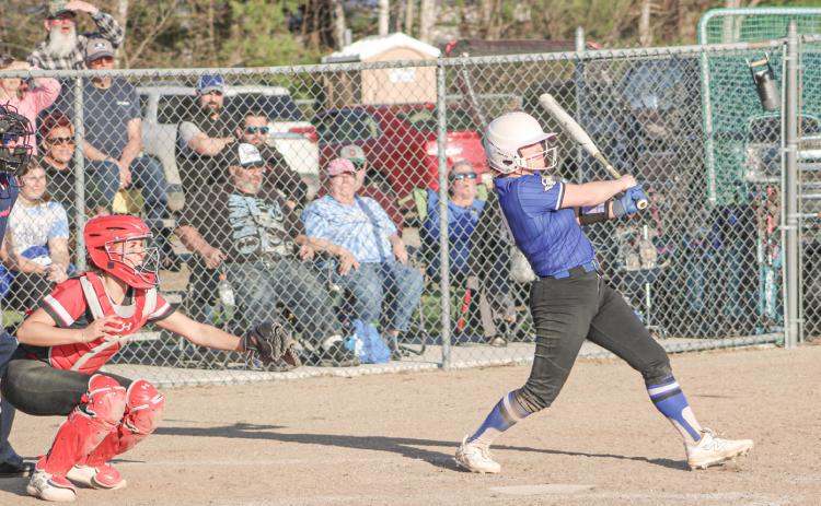 Gladwin’s Angelica Corlew rips another hit during last Tuesday’s doubleheader sweep of visiting rival Beaverton.