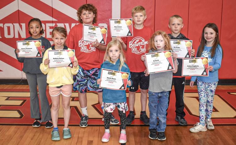 BES Students of the Month for April are: Vanessa Komlassan, McKinley McCann, Weston Eagon, Charlie Shears, Mason Krahner, RJ Garvie, Ken Becker and Aralynn Daugherty. Missing from the photo is Cordell Shears.