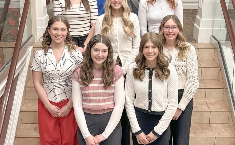 This year’s contestants are (back step): Audrey Andrist, Isabelle Dodman; (second step): Jordyn Schultz, Freya Wood; (third step): Braylin Orton; (fourth step): Audrey Schmidt, Brenna Randle; (front step): Ansley Mausolf, Sayde Woodruff.