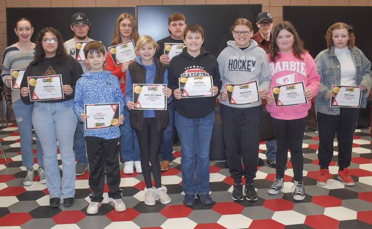 BJSHS Students of the Month include Jordyn Schultz, Sophia Moore, Curtis Price, Brady Cross, Alexander Somers, Cecilia “Cece” Coppola, Damian Watters, Wyatt Budry, Danielle Cornell, Eric Sherman, Kynlee Dolan and Willow Jacobs. Not pictured are Zayla Stoike and Dominick Schatten.